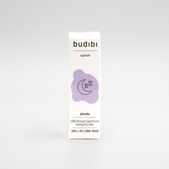 Budibi Broad Spectrum CBD olej 20 % + 5 % CBN, 2000 mg, 10 ml, příchuť jahoda - krabička